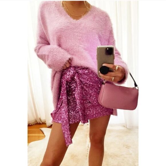 SHOW ME YOUR MUMU Why Knot Pink Sequin Skirt small - Picture 7 of 7